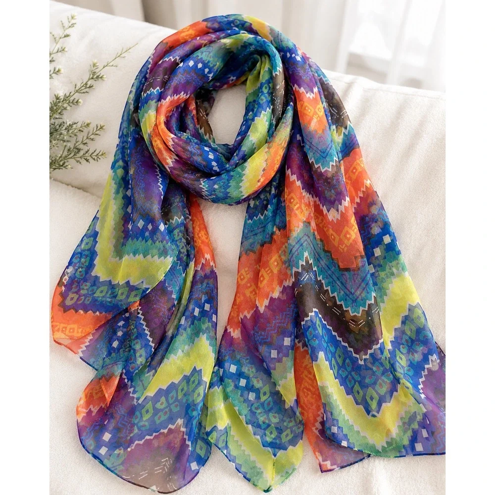 Chico's Colorful Geometric Aztec Southwestern Oblong Scarf 28x72 Polyester